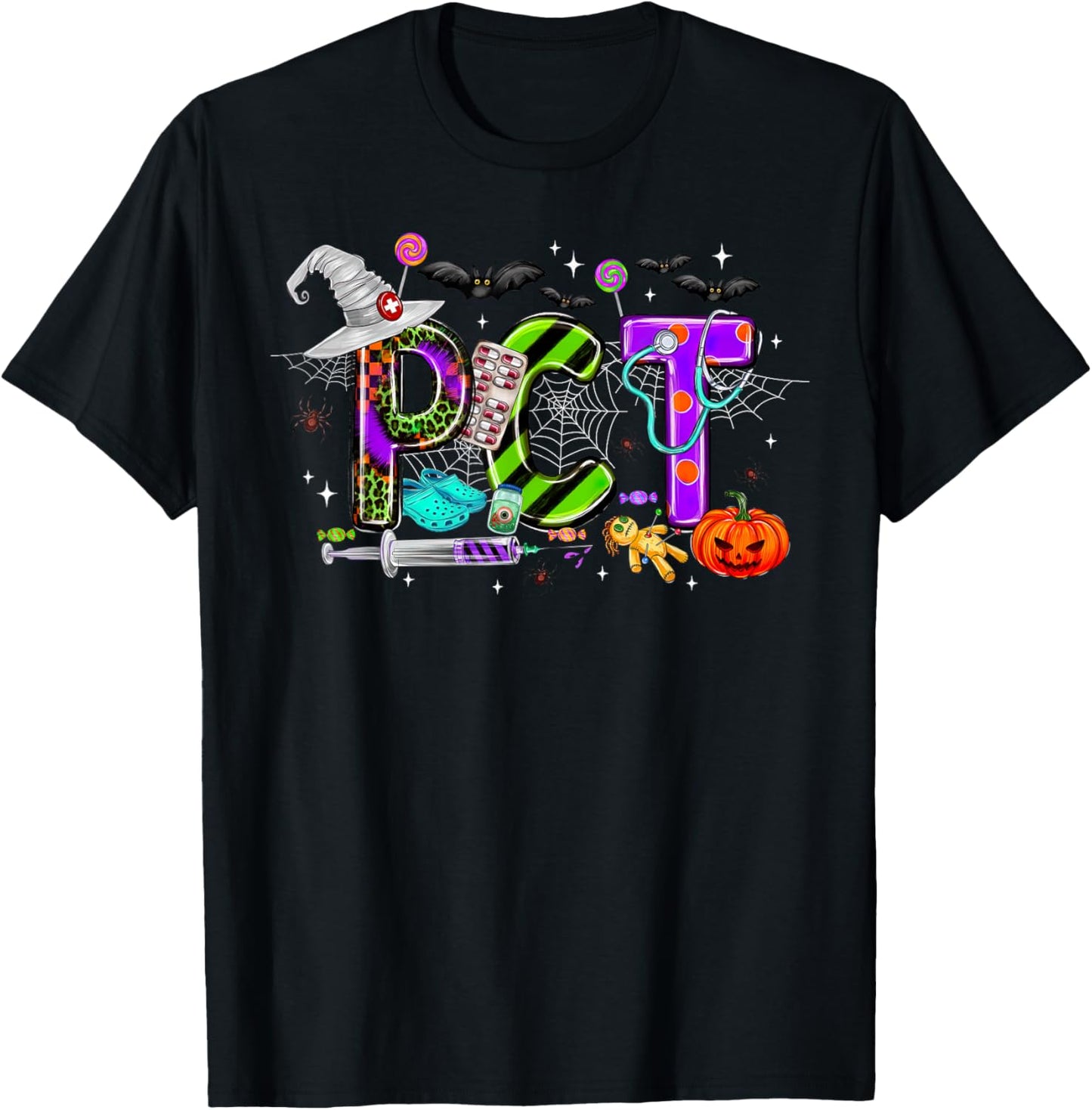 Retro PCT Patient Care Technician Halloween Spooky Season T-Shirt - T-Shirt | Black