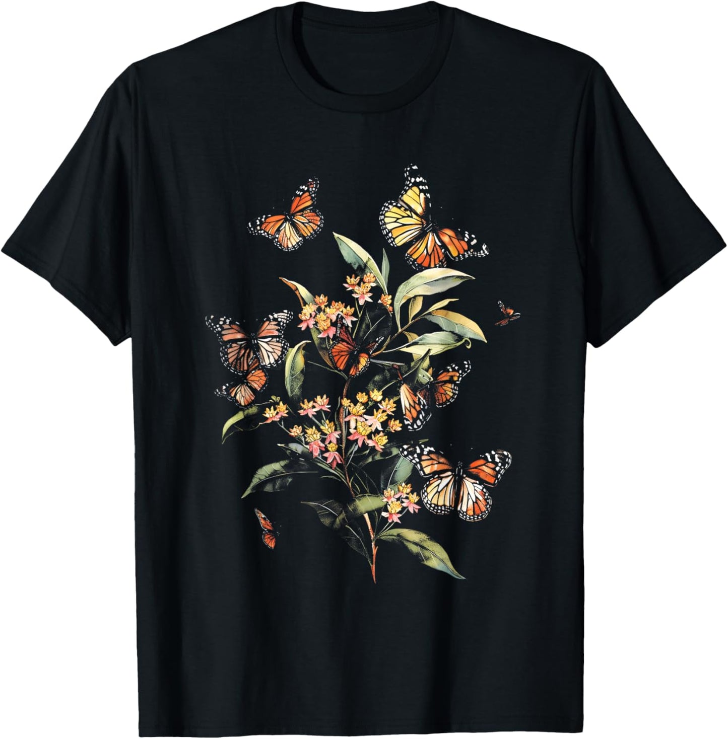 Vintage Monarch Butterfly Milkweed Flower Girl Plant Mom T-Shirt - T-Shirt | Black