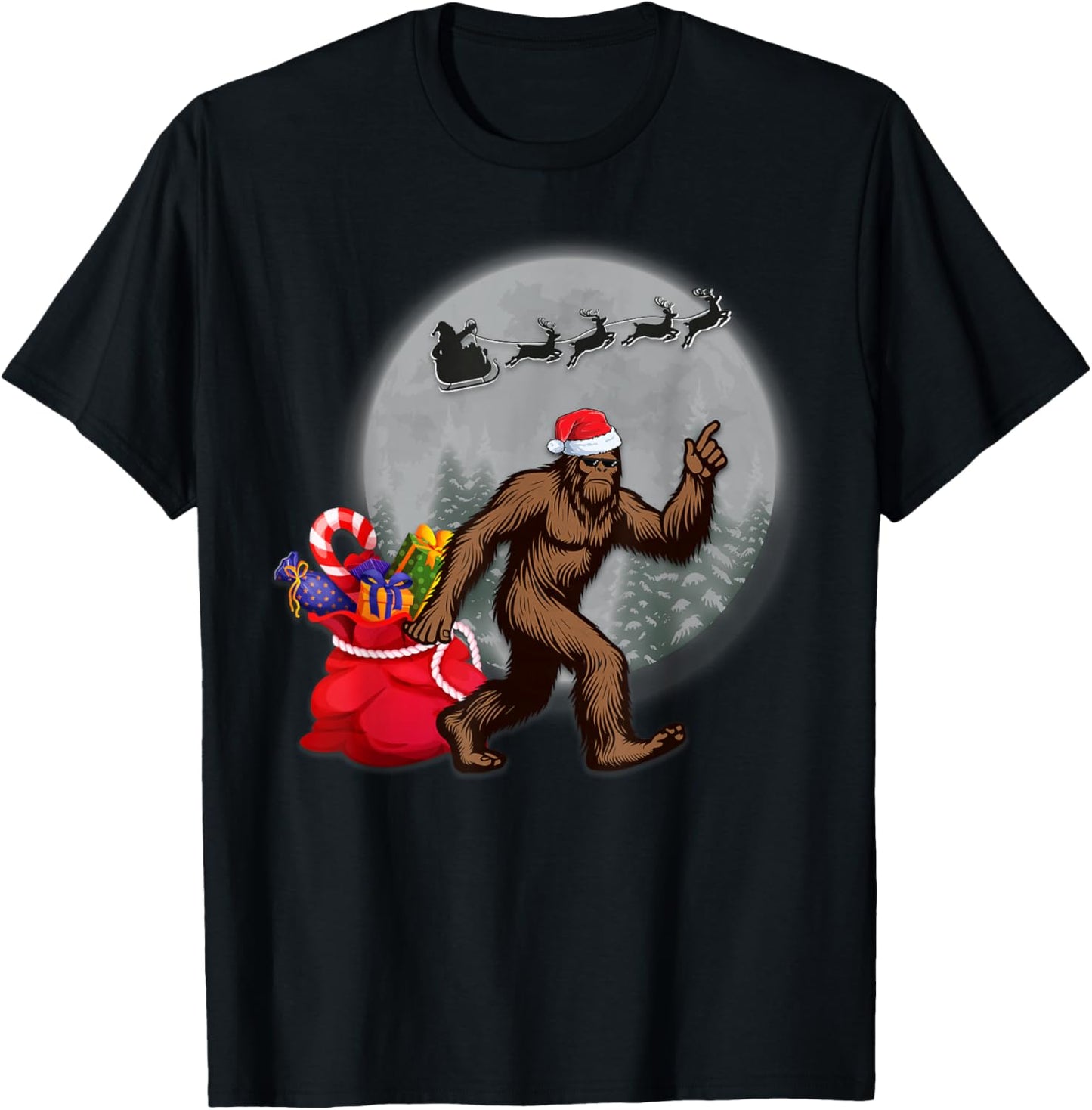 Funny Christmas, Moon Sasquatch, Bigfoot Santa's Big Helper T-Shirt - T-Shirt | Black