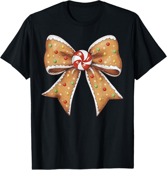 Cute Gingerbread Coquette Bow Christmas Women Kids Girls T-Shirt - T-Shirt | Black