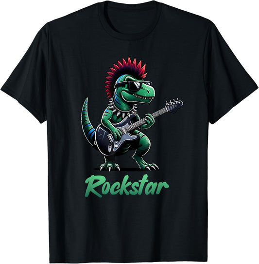 Dinosaur Rock Star Guitar Rock'n Roll Music Singer, Band T-Shirt - T-Shirt | Black