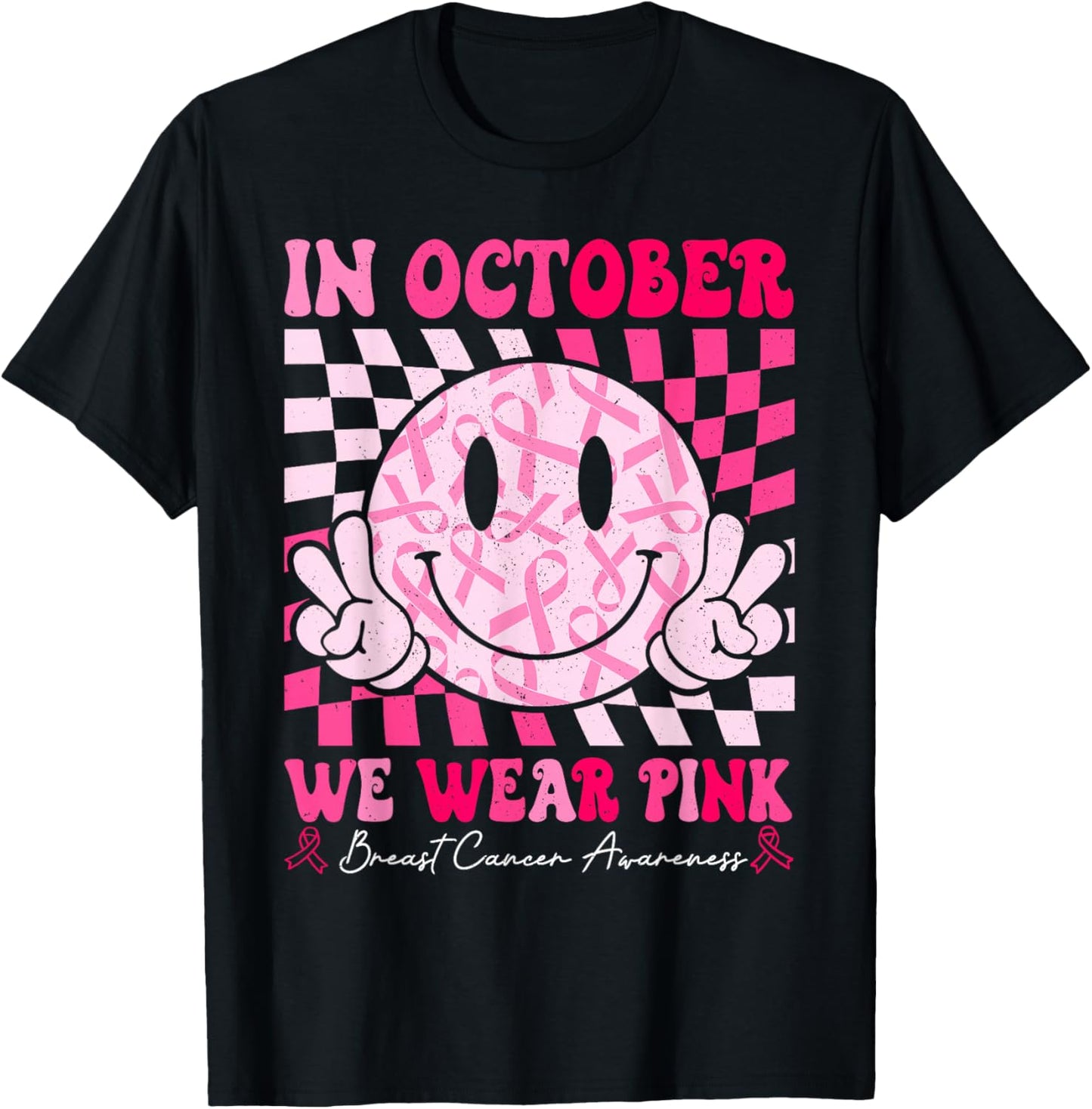 Retro In October We Wear Pink Breast Cancer Awareness Ribbon T-Shirt - T-Shirt | Black