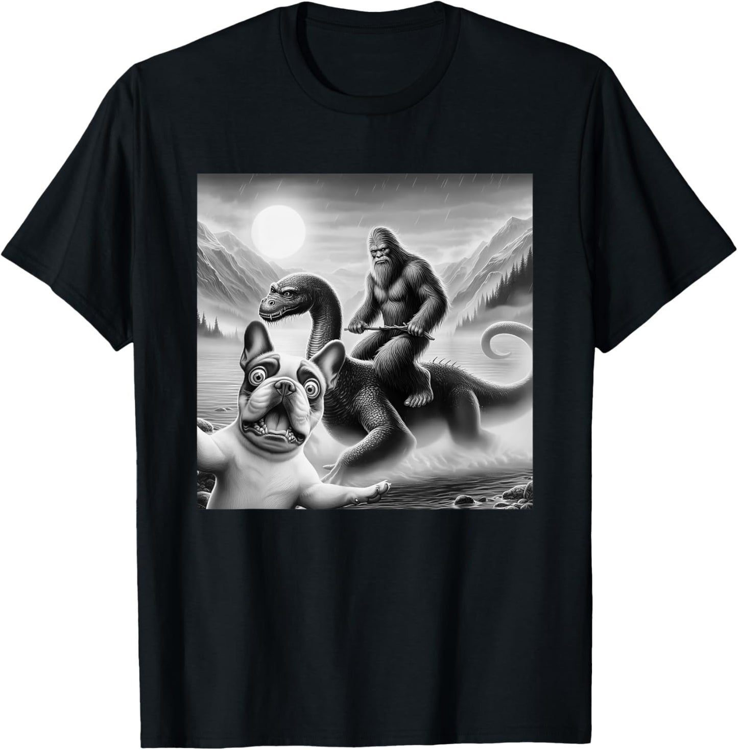 Funny French bulldog Selfie with bigfoot riding loch Ness Women Kids T-Shirt - T-Shirt | Black