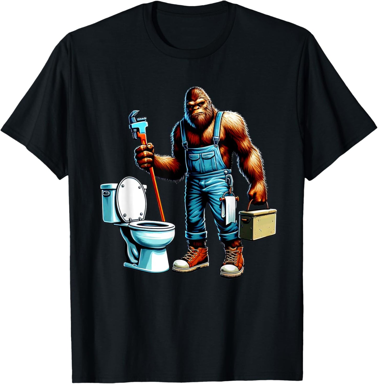 Bigfoot At Work Plumber Plumbing Worker Sasquatch Funny T-Shirt - T-Shirt | Black
