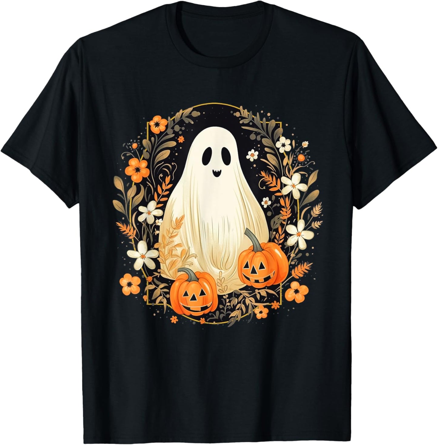 Vintage Floral Ghost Halloween Ghost Pumpkin Jack-o-Lantern T-Shirt - T-Shirt | Black