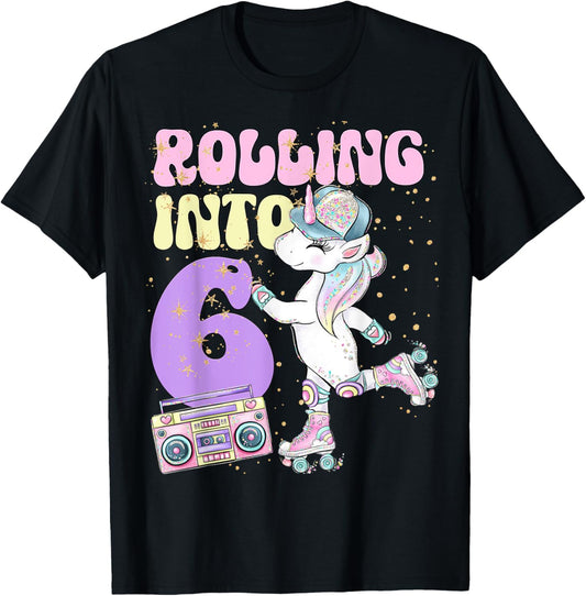 6th Birthday Roller Skate Party Unicorn Retro 90s Skating T-Shirt - T-Shirt | Black