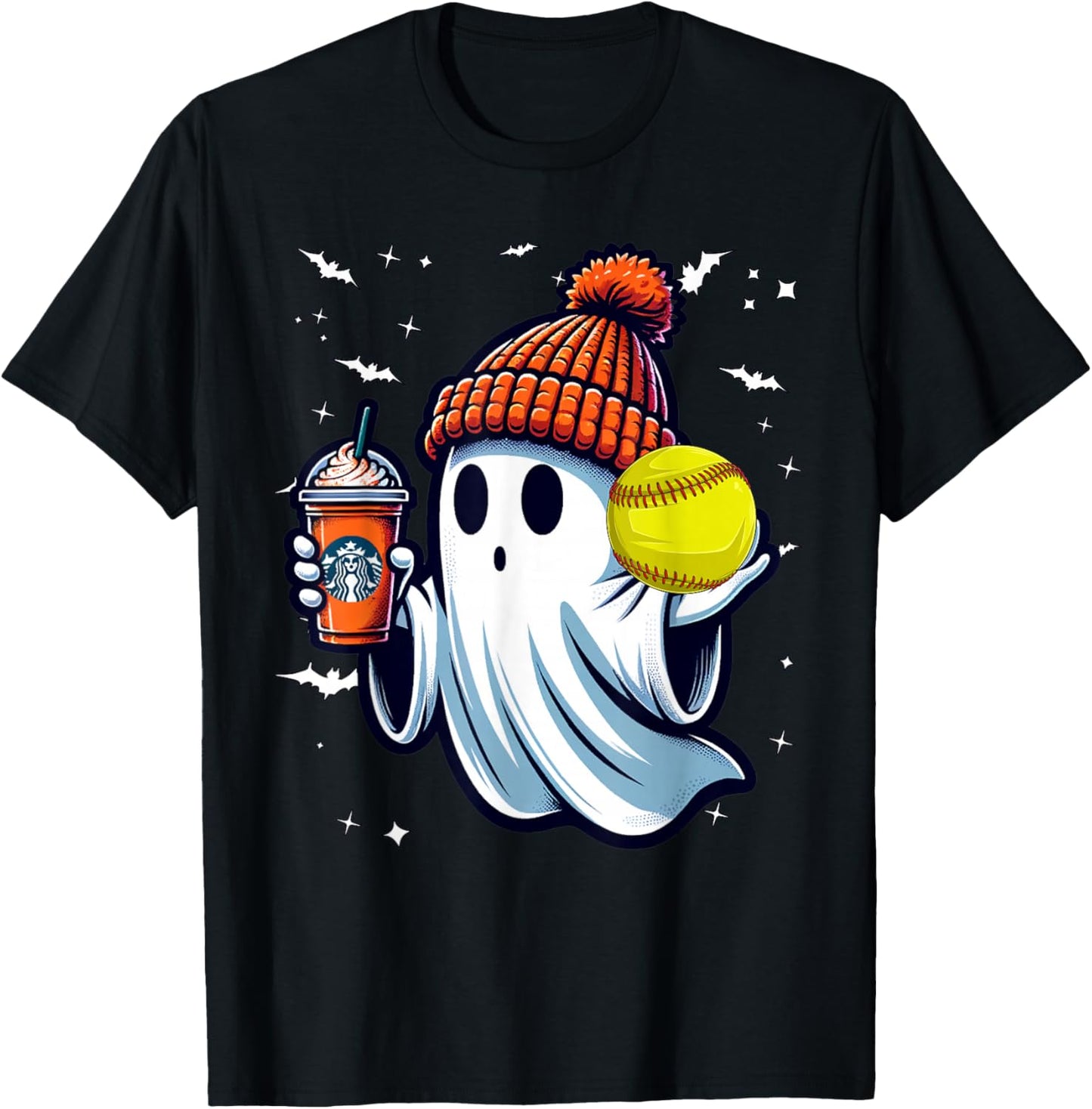 Ghost Pumpkin Drinks Beanie Fall Softball Lovers Halloween T-Shirt - T-Shirt | Black