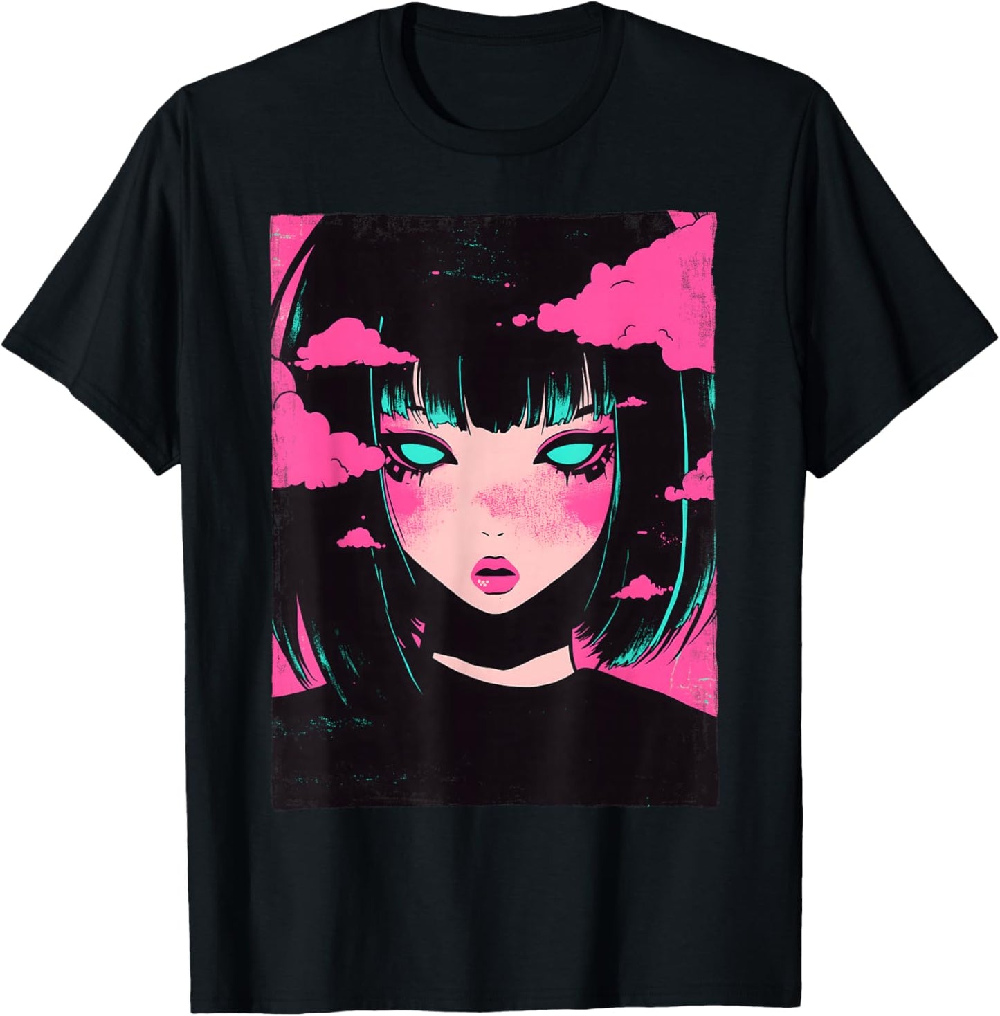 Distressed Anime Girl Vaporwave Pastel Goth E-Girl Grunge T-Shirt - T-Shirt | Black