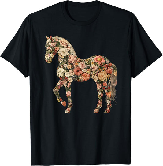 Horse Lover Gifts Floral Horse - Adults, Black, Small, Short Sleeve T-Shirt - T-Shirt | Black
