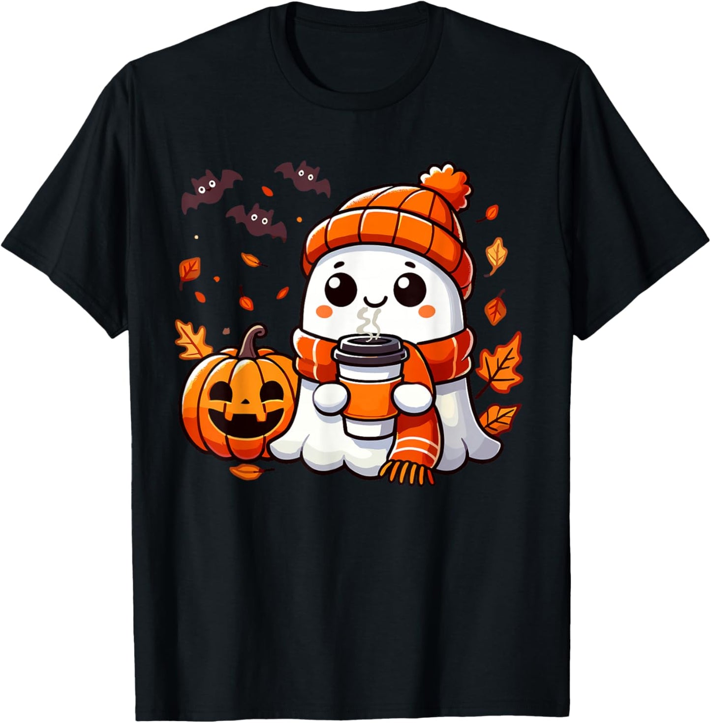 Cute Halloween Ghost Drinking Ice Coffee, Halloween Women T-Shirt - T-Shirt | Black