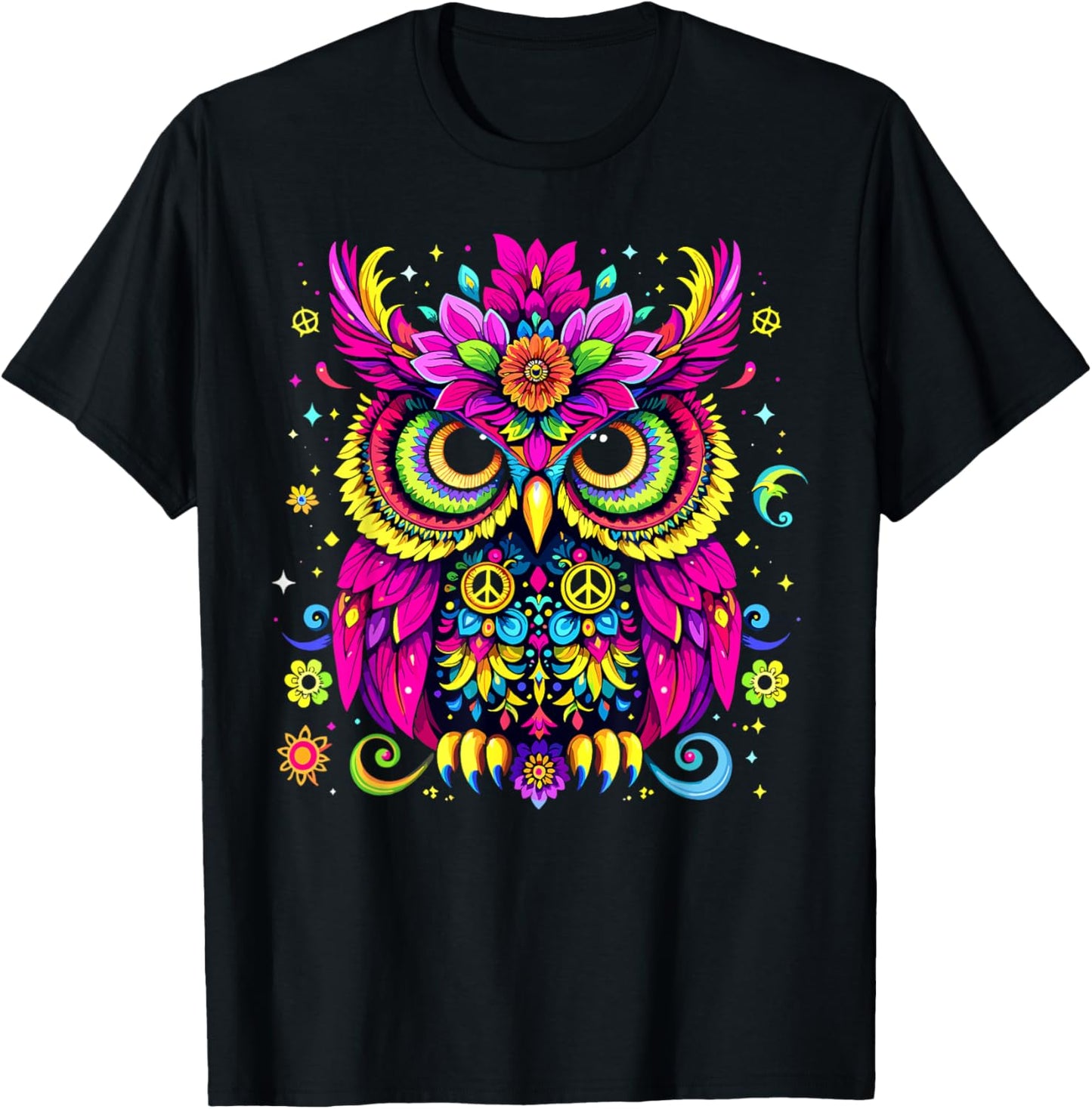 Trippy EDM Peace Owl Hippie Psychedelic T-Shirt - T-Shirt | Black