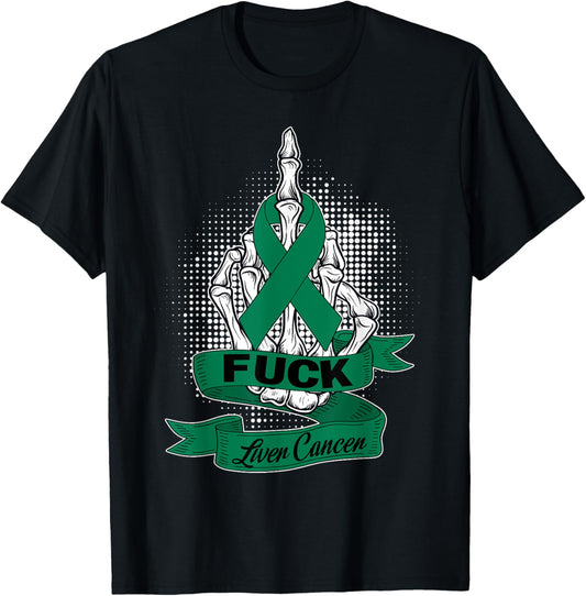 Fuck Cancer Liver Cancer Skeleton Green Ribbon Halloween T-Shirt - T-Shirt | Black