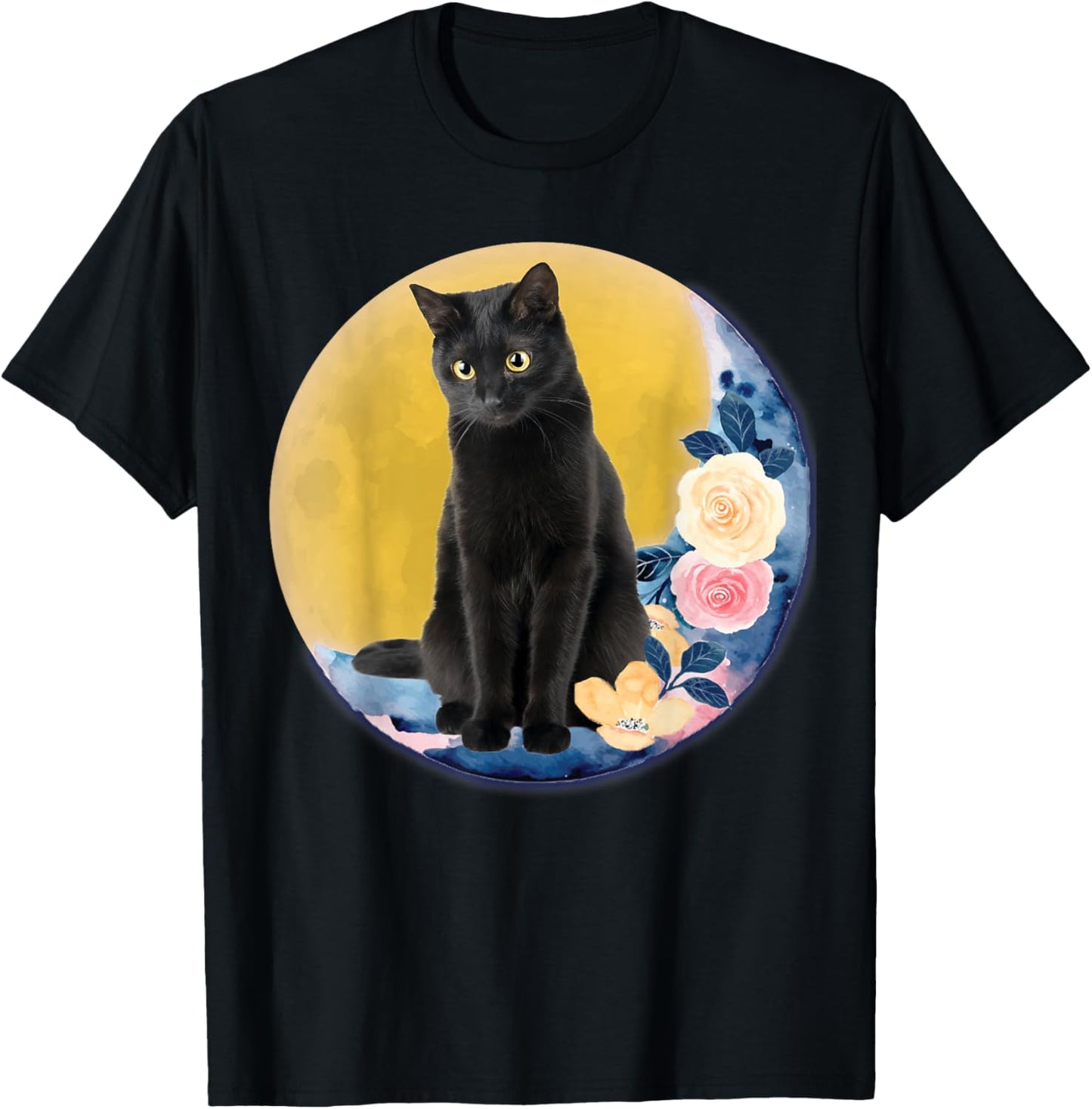 Cute Cat Motif Cat On Crescent Moon With Flowers Moonlight Men Women Kids T-Shirt - T-Shirt | Black