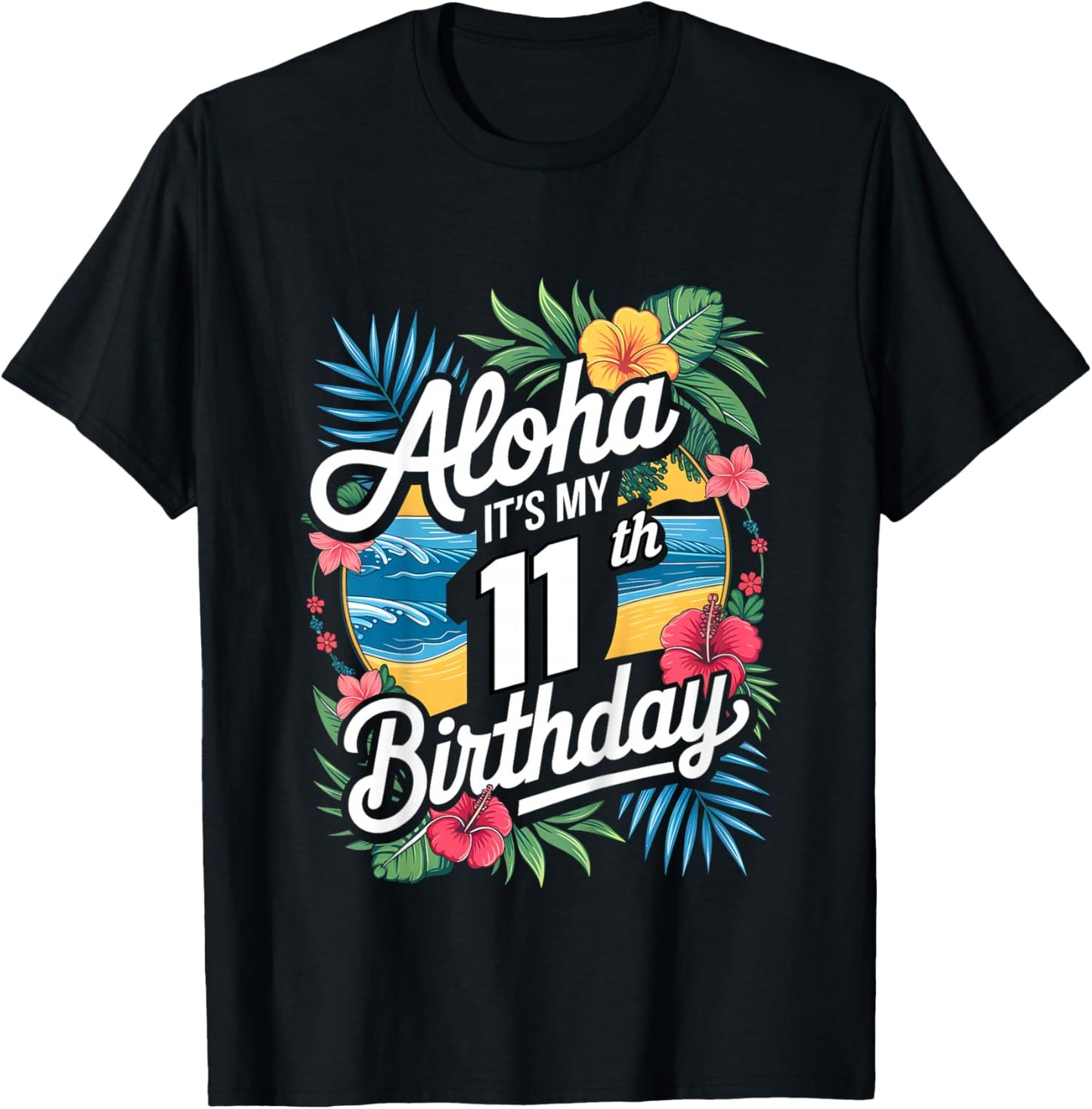 Kids Aloha 11th Birthday Hawaiian Theme Hawaii Tropical Beach T-Shirt - T-Shirt | Black