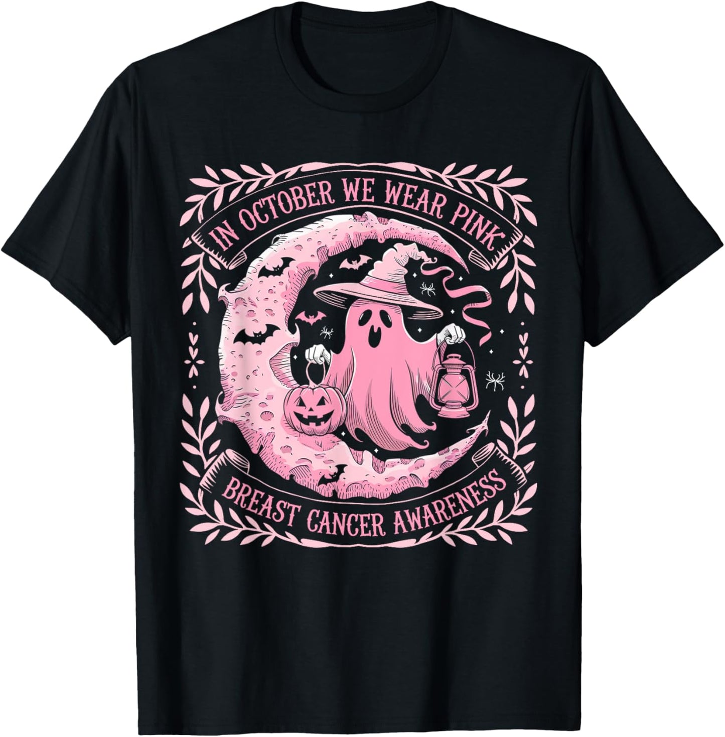 October We Wear Pink Ghost Halloween Pumpkins Breast Cancer T-Shirt - T-Shirt | Black