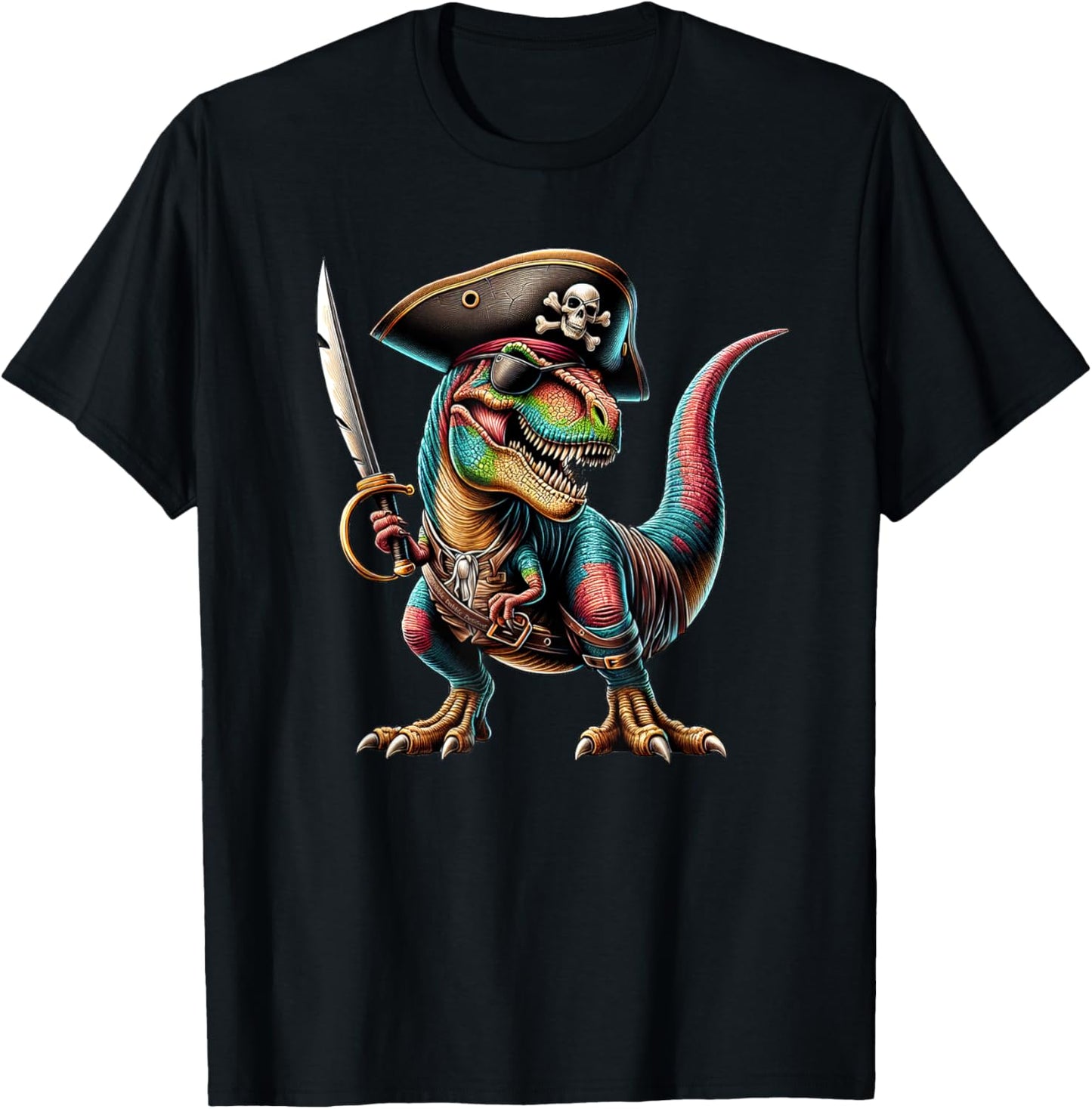 Pirate Dinosaur T-Rex with Sword and Eye Patch Pirate T-Shirt - T-Shirt | Black