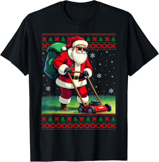Santa Claus Mowing Lawn Ugly Christmas Holiday Boys Men T-Shirt - T-Shirt | Black