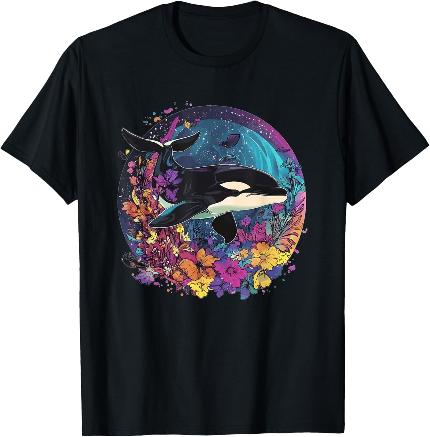 Orca Whale Surrounded By Vibrant Flowers T-Shirt - T-Shirt | Black