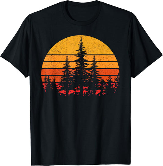 Retro Sun Minimalist Pine Tree Wildlife Trees Outdoor Nature T-Shirt - T-Shirt | Black