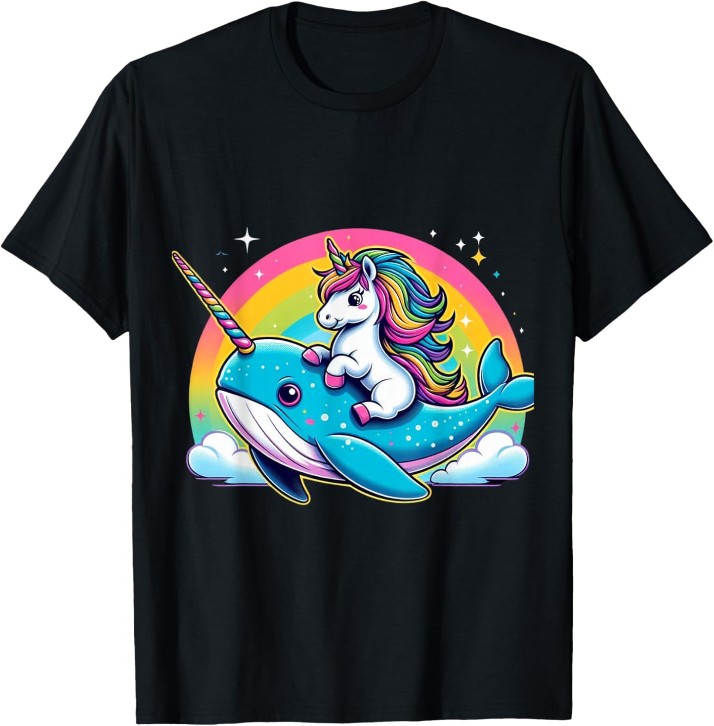 Unicorn Riding Narwhal Boys Girls Men Women Kids Rainbow T-Shirt - T-Shirt | Black