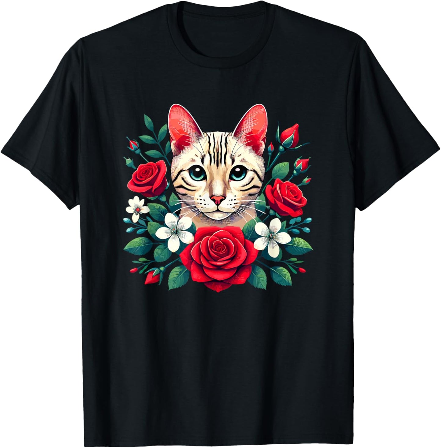 Roses Flowers Snow Bengal Cat Women Kids T-Shirt - T-Shirt | Black