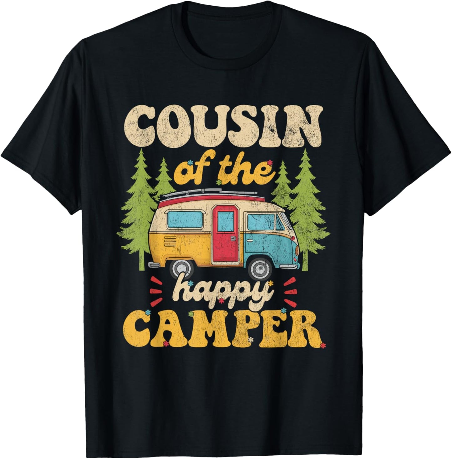 Cousin of Happy Camper 1st Birthday Party Retro Cousin T-Shirt - T-Shirt | Black