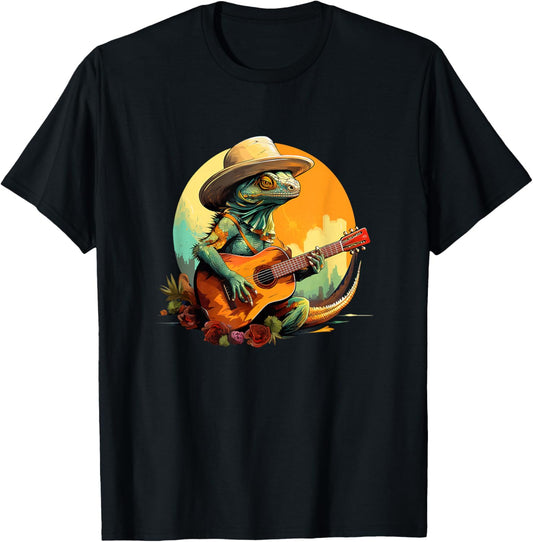Cowboy Country Iguana Lizard Playing Guitar - Mexico Vintage T-Shirt - T-Shirt | Black