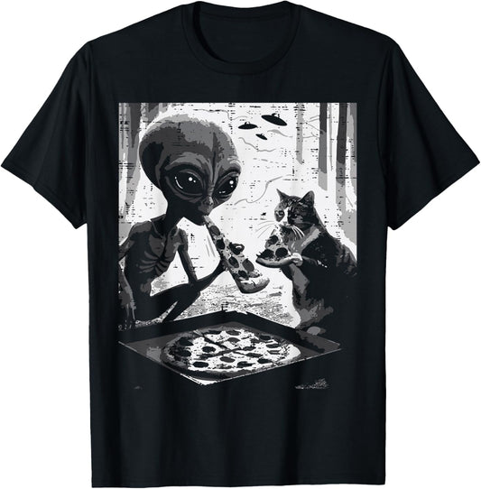 Alien And Cat Eating Pizza Funny Snack Food Men Women Kids T-Shirt - T-Shirt | Black
