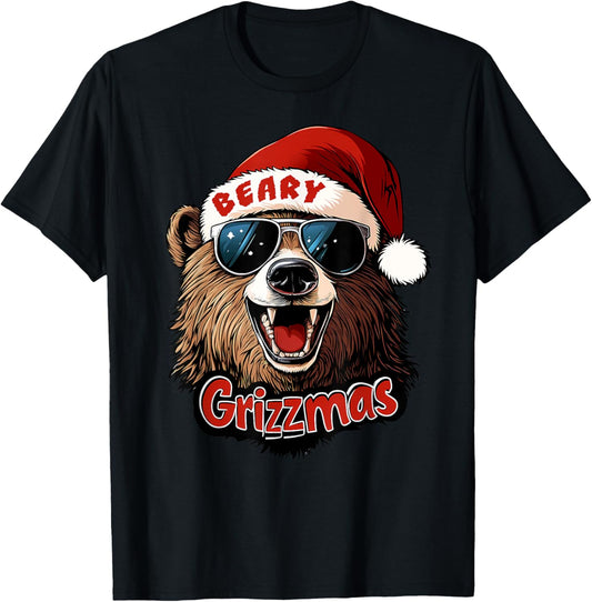 Funny Beary Grizzmas Grizzly Bear Christmas Cool Rizz Santa T-Shirt - T-Shirt | Black