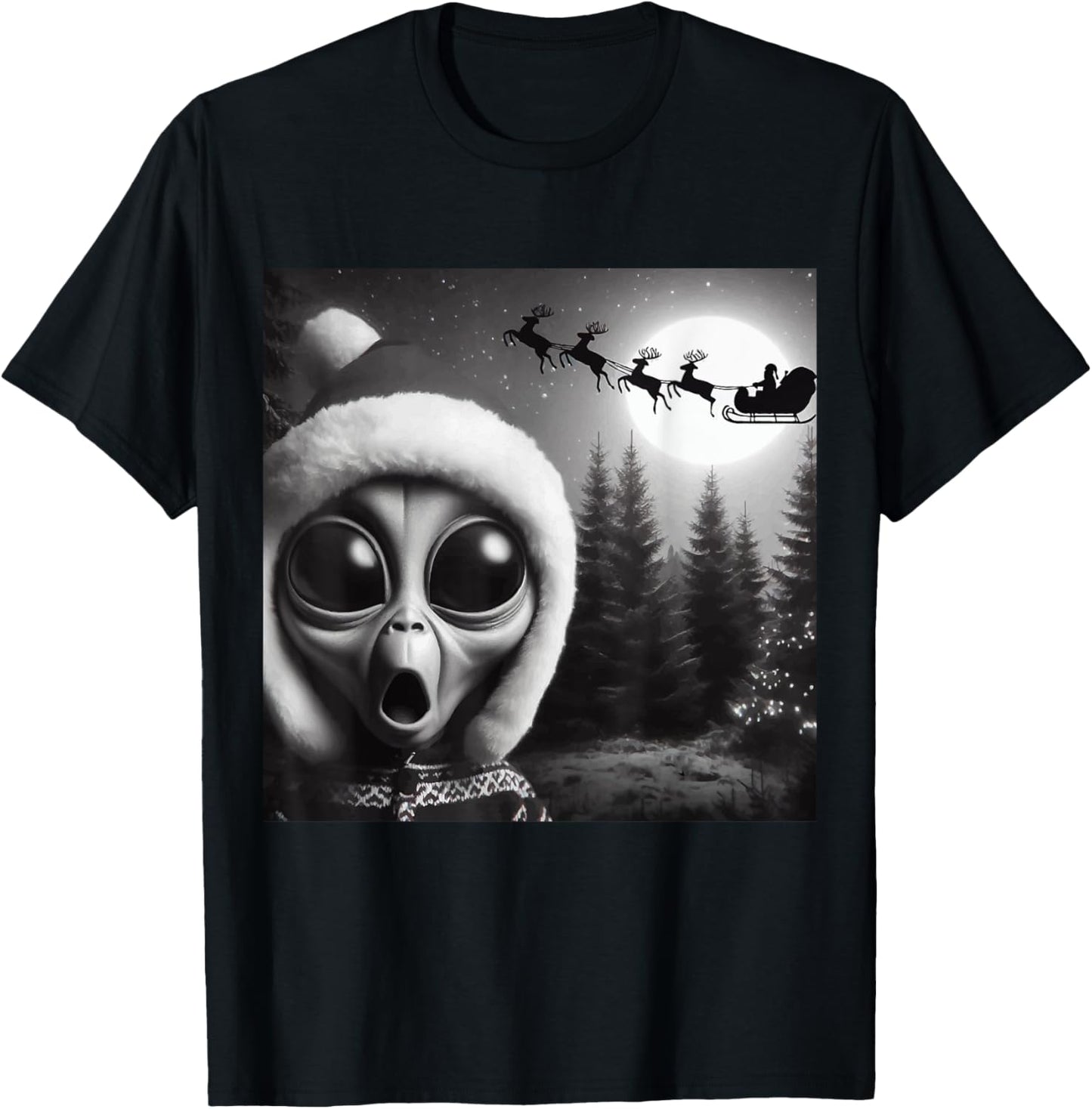 Christmas Alien Shocked by Santa’s Sleigh,Funny Holiday Xmas T-Shirt - T-Shirt | Black