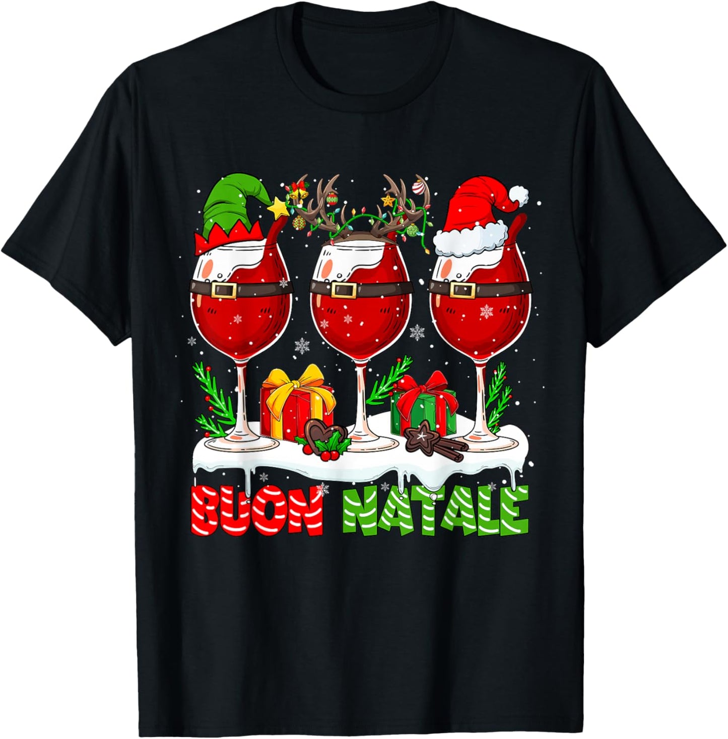 Buon Natale Merry Christmas Italian Three Santa Wine Glasses T-Shirt - T-Shirt | Black