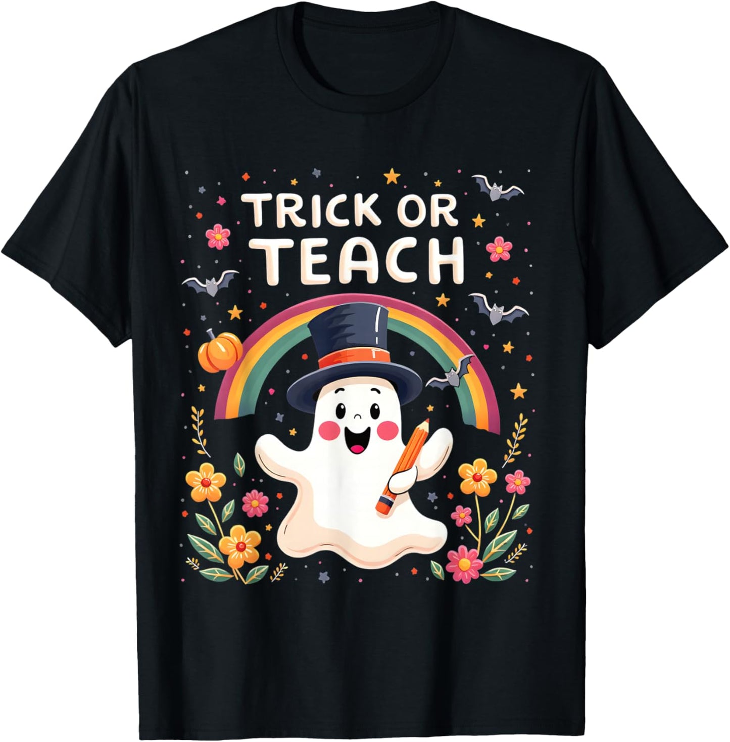 Trick Or Teach Cute Halloween Ghost Theme T-Shirt - T-Shirt | Black