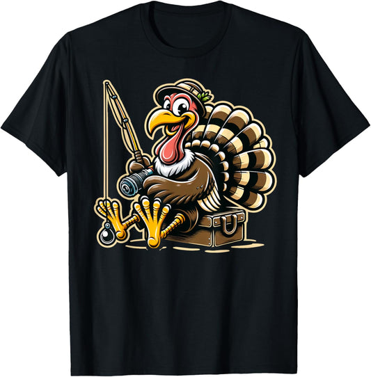 Autumn & Thanksgiving Designs Women & Kids Funny Turkey Fishing Thanksgiving Fisherman Humor T-Shirt - T-Shirt | Black