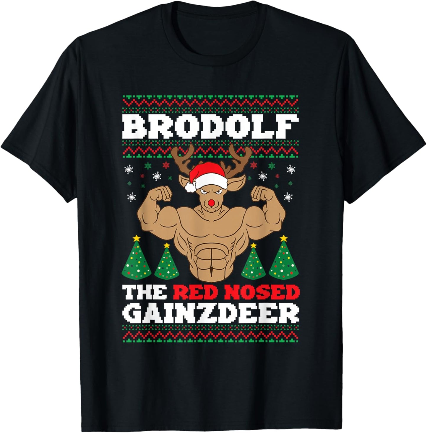 Brodolf Funny Christmas Buff Reindeer Gym Bodybuilding Xmas T-Shirt - T-Shirt | Black
