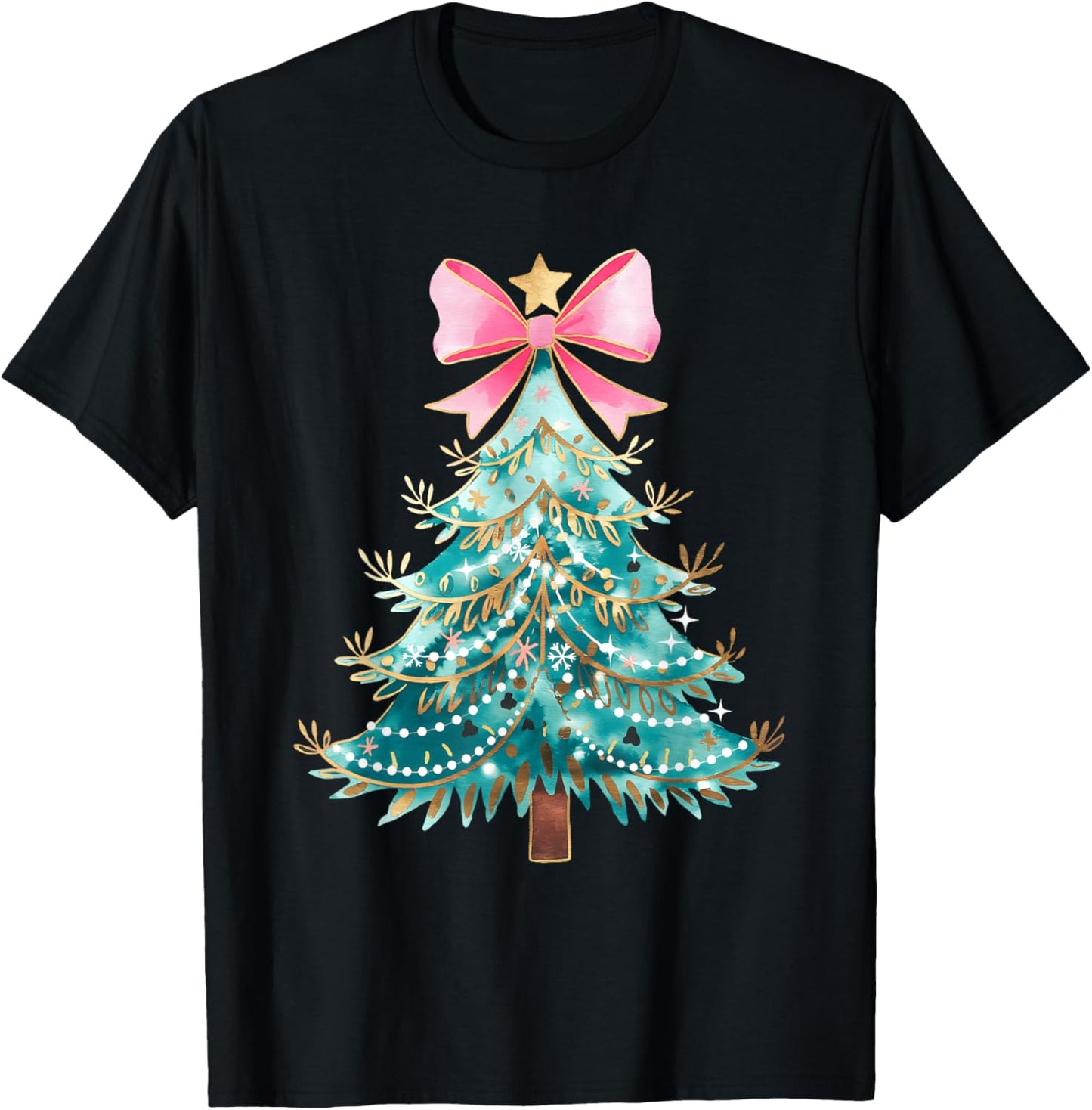 Christmas Tree Bow Pink Christmas Coquette Bow Xmas Holiday T-Shirt - T-Shirt | Black