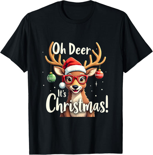 Oh Deer It's Christmas with Santa Hat and Glasses T-Shirt - T-Shirt | Black