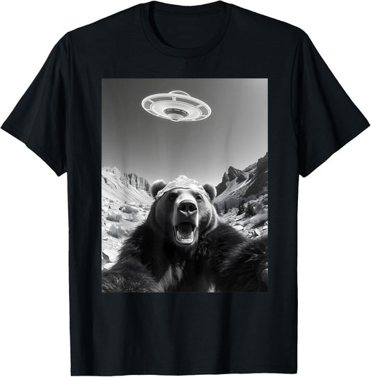 Bear Selfie With UFO Hilarious Alien Encounter Meme T-Shirt - T-Shirt | Black
