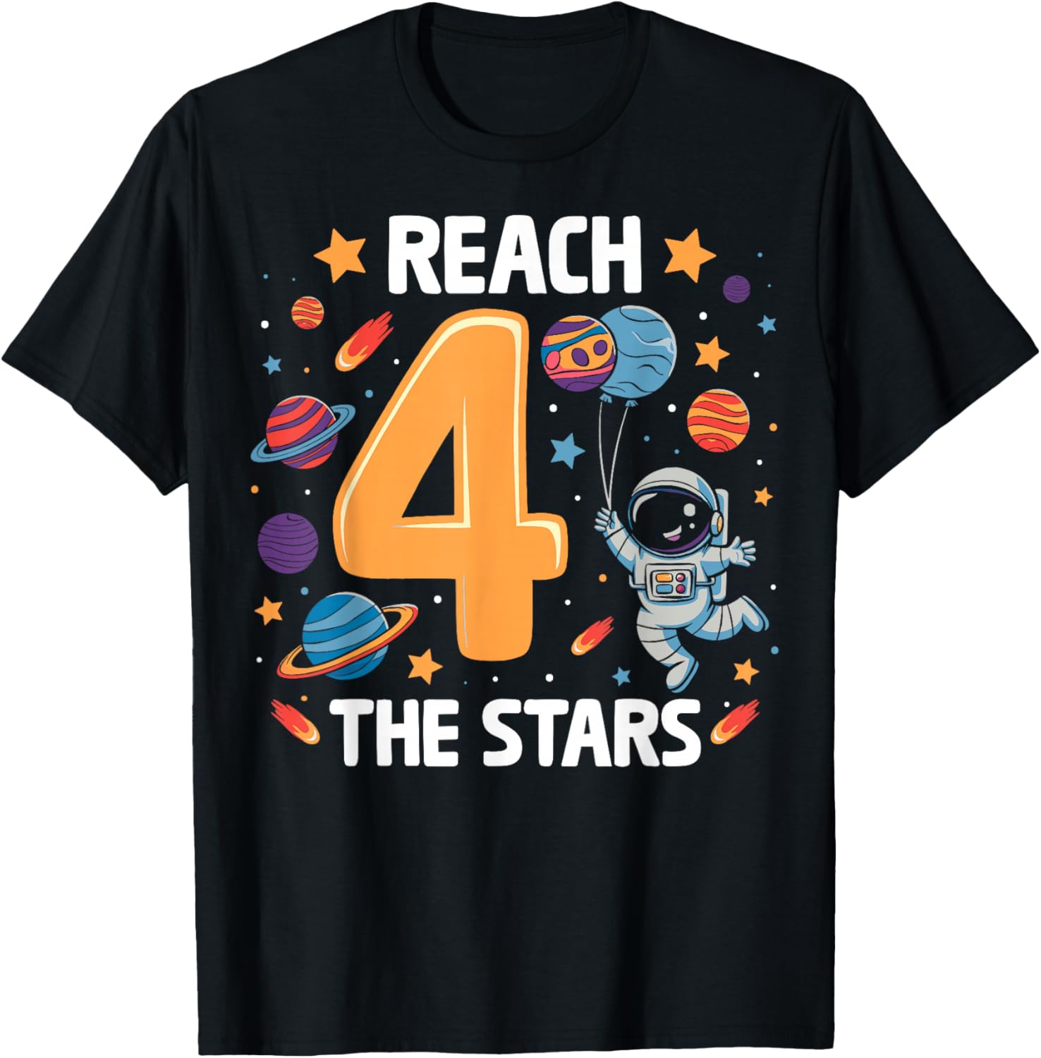 Reach Four The Stars 4 Years Old Birthday Boy Astronaut 4th T-Shirt - T-Shirt | Black