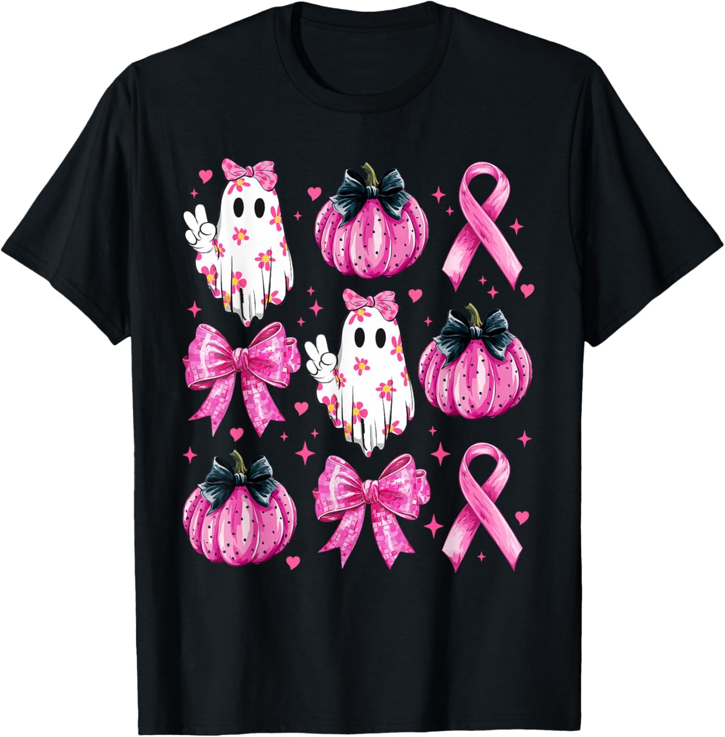 Retro Groovy Breast Cancer Ghost Coquette Halloween Pink T-Shirt - T-Shirt | Black