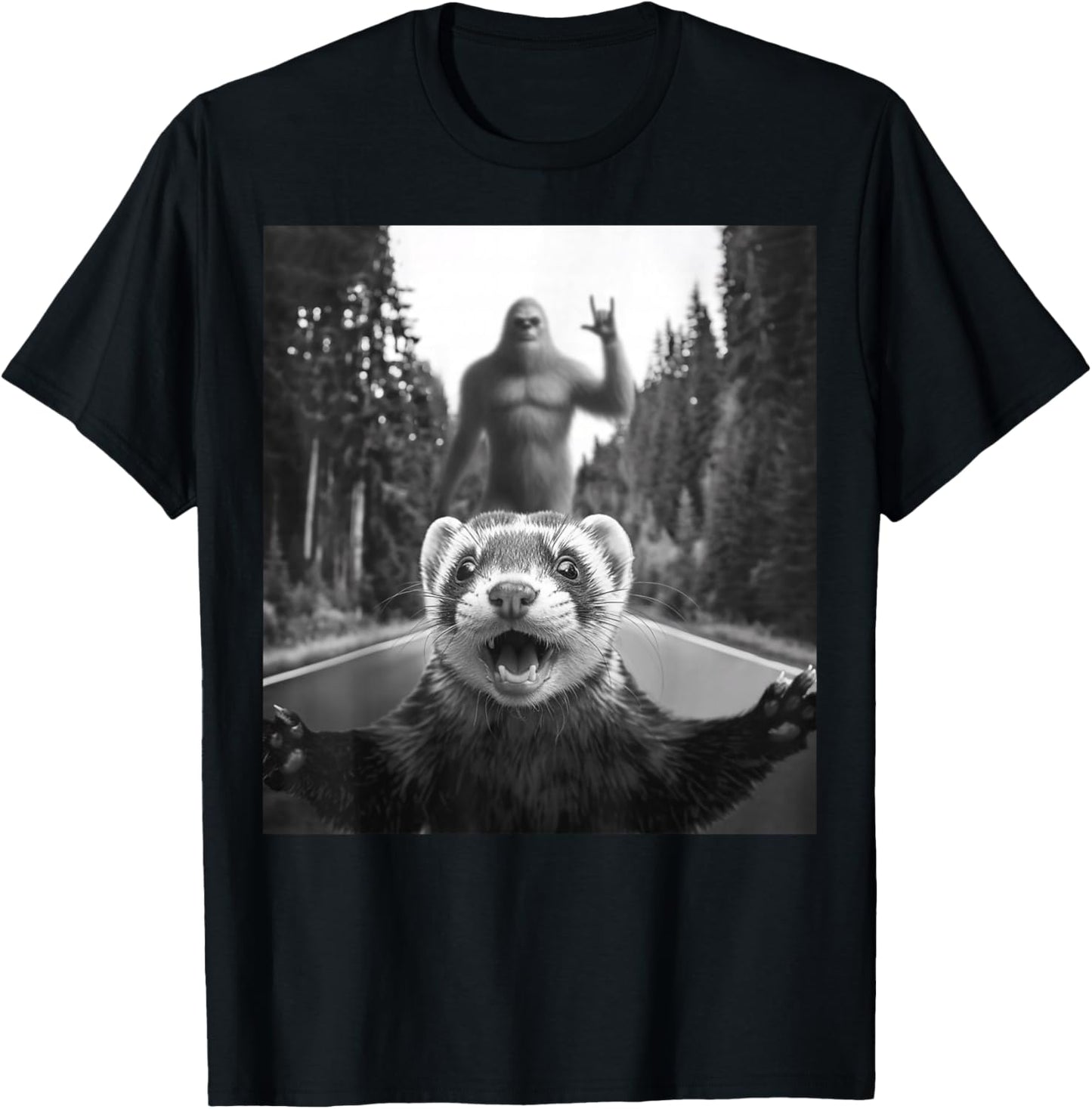 Ferret Selfie With Bigfoot Funny Gifts Women Kids T-Shirt - T-Shirt | Black