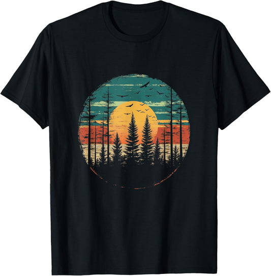 Retro Forest Trees Outdoors Nature Women Men Vintage Graphic T-Shirt - T-Shirt | Black