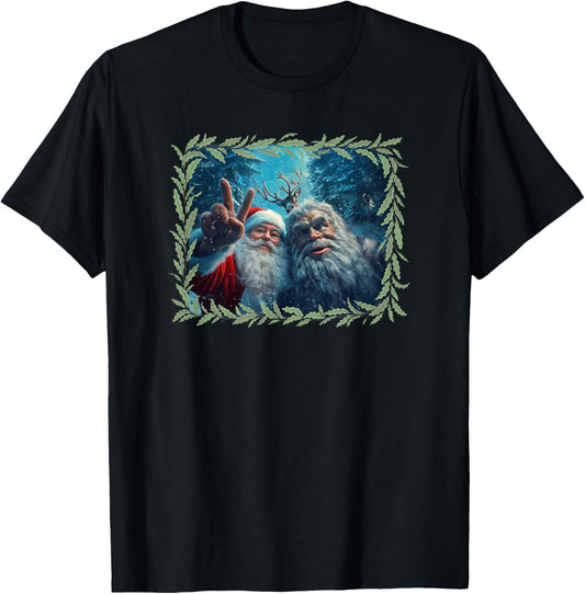 Funny Bigfoot Santa Selfie With Reindeer Sasquatch Bigfoot T-Shirt - T-Shirt | Black