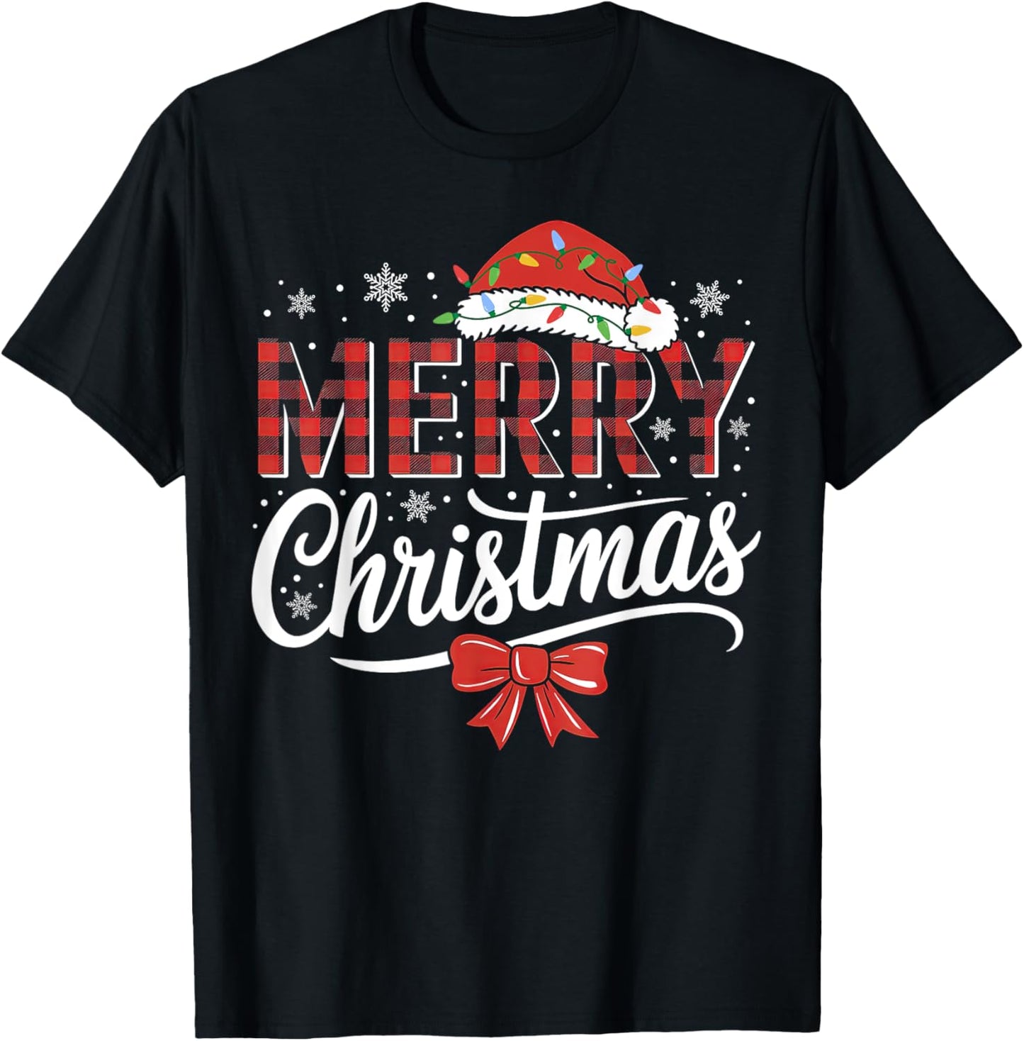 Merry Christmas Lights Red Santa Hat Xmas Family Men Women T-Shirt - T-Shirt | Black