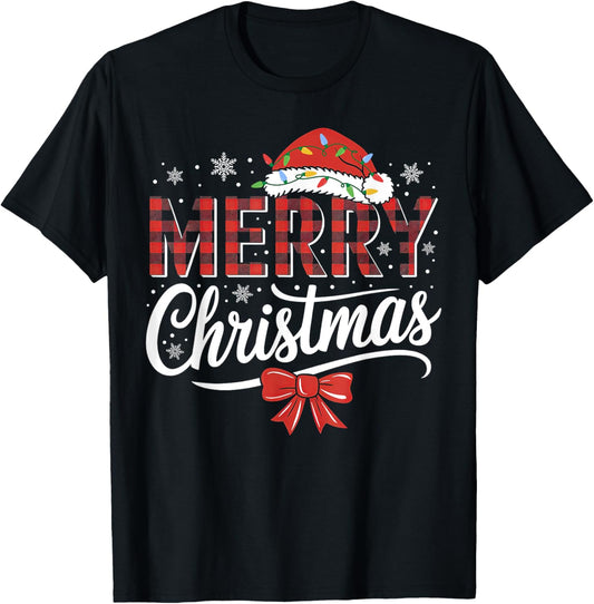 Merry Christmas Lights Red Santa Hat Xmas Family Men Women T-Shirt - T-Shirt | Black