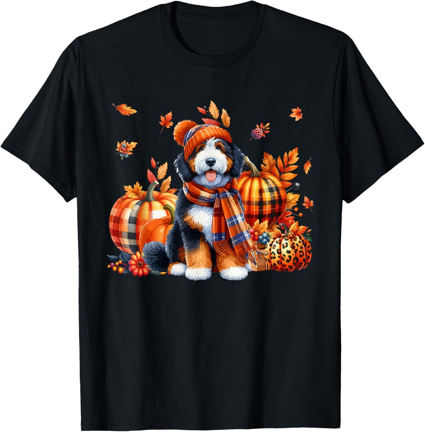 Bernedoodle Thanksgiving Leopard Pumpkins Fall Leaves Lover T-Shirt - T-Shirt | Black