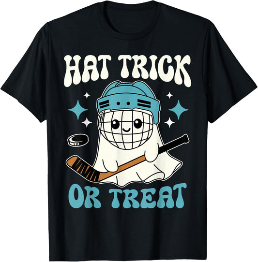 Hat Trick Or Treat Halloween Ice Hockey Player Ghost Hockey T-Shirt - T-Shirt | Black