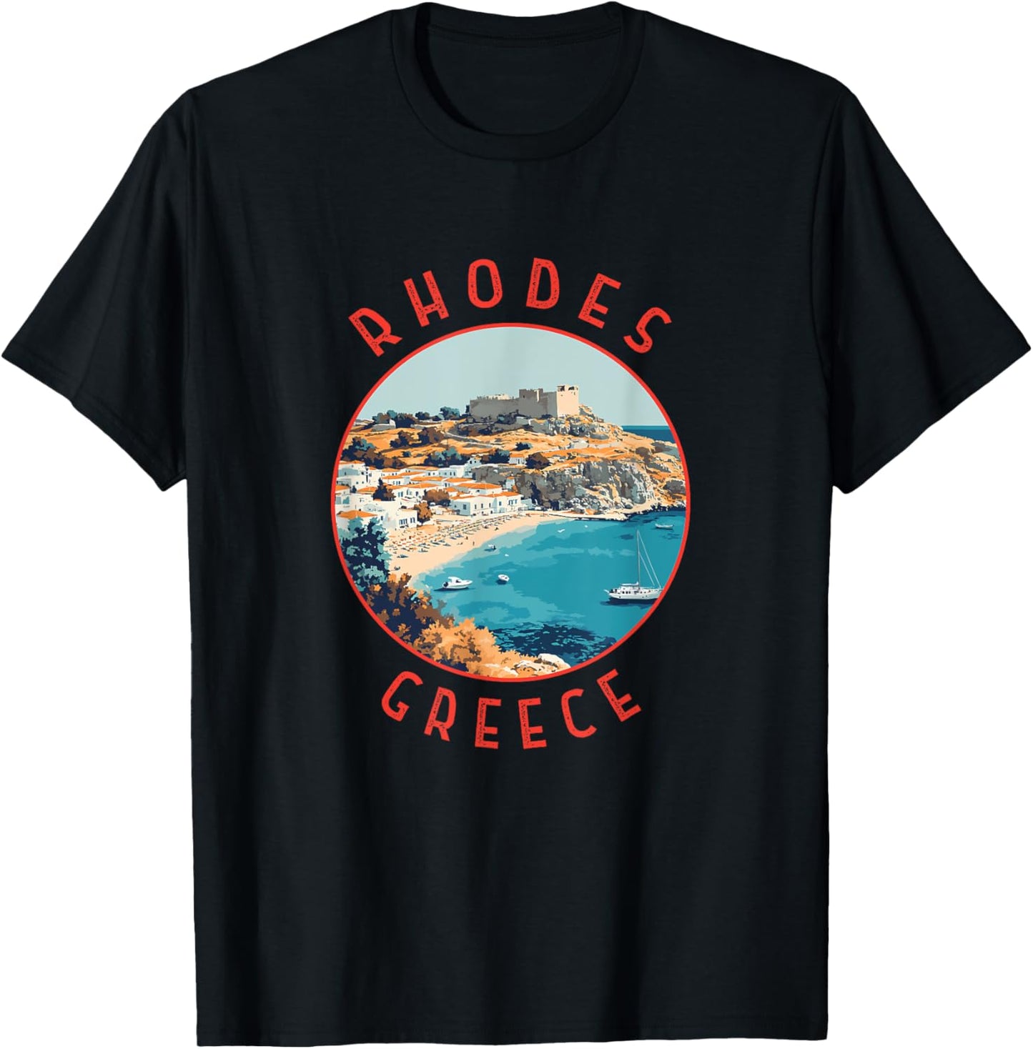 Rhodes Greece Retro Distressed Circle T-Shirt - T-Shirt | Black