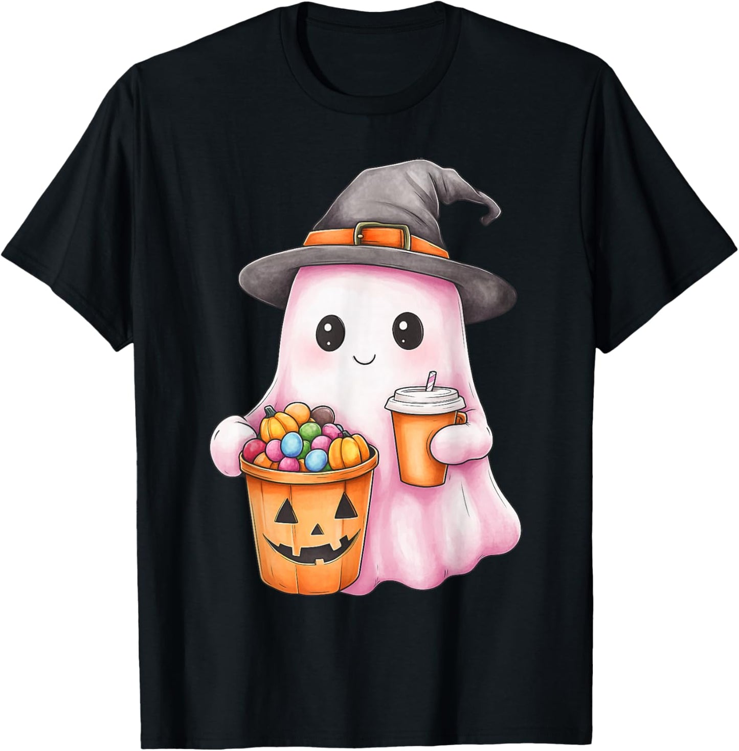Cute Ghost Boo Coffee Pumpkin Hat Colorful candies Halloween T-Shirt - T-Shirt | Black