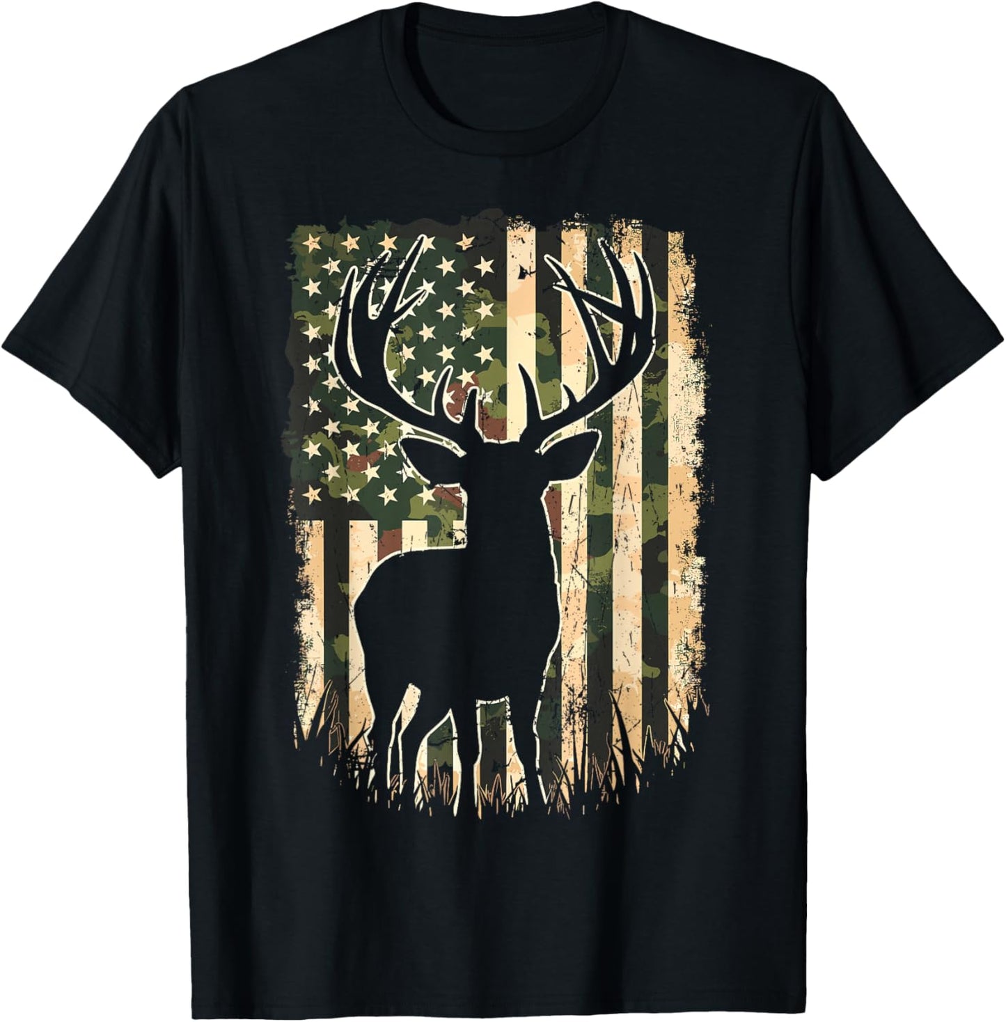 Camo US Flag Deer Hunting Camoflage Hunter T-Shirt - T-Shirt | Black