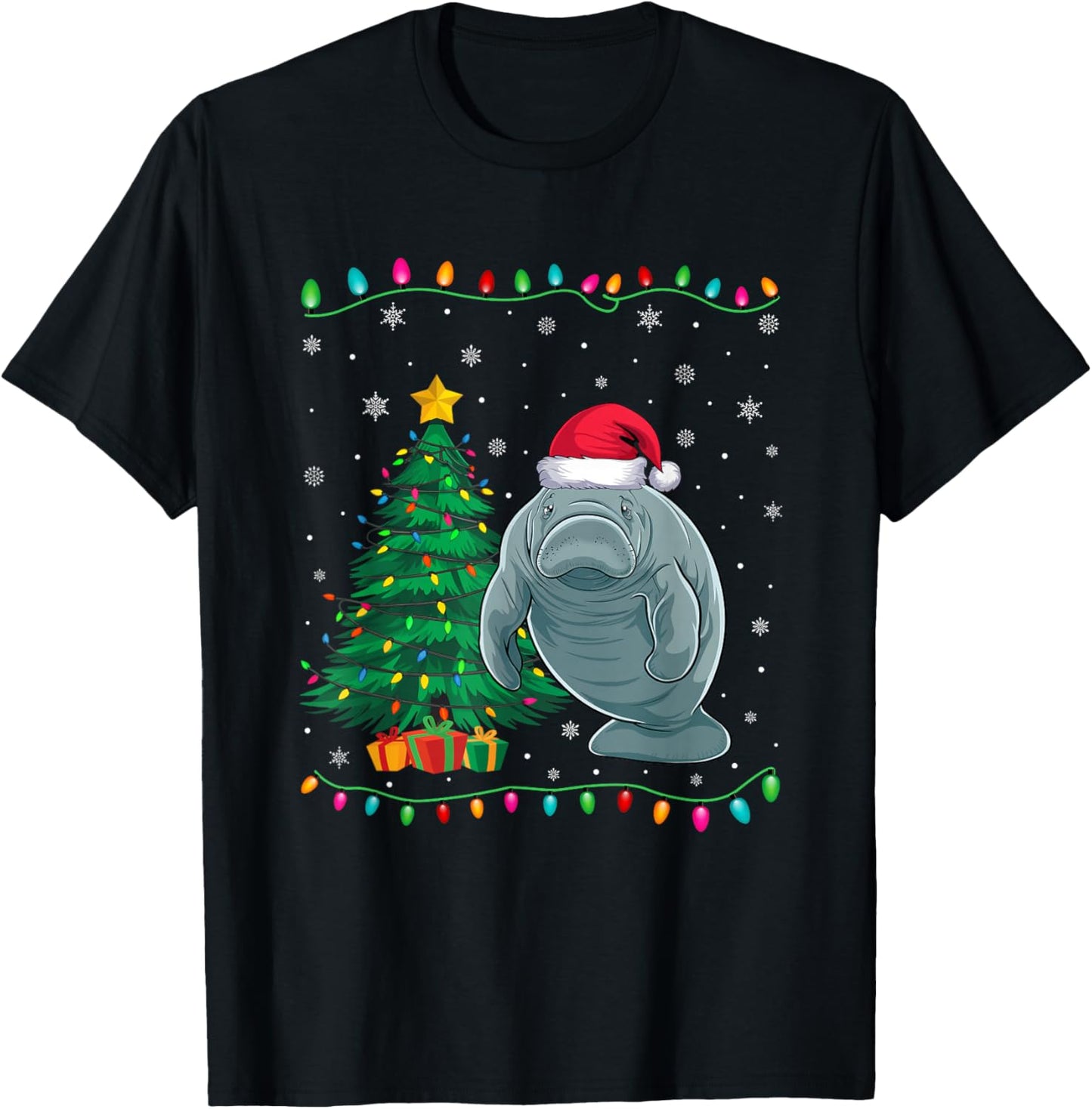 Manatee Santa Hat Men Women Kids Christmas Tree Lights T-Shirt - T-Shirt | Black